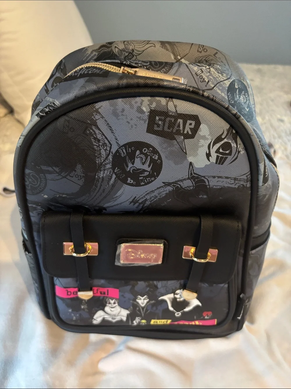 Disney Black Villains Graphic Mini Backpack with Pink & Yellow Accents
